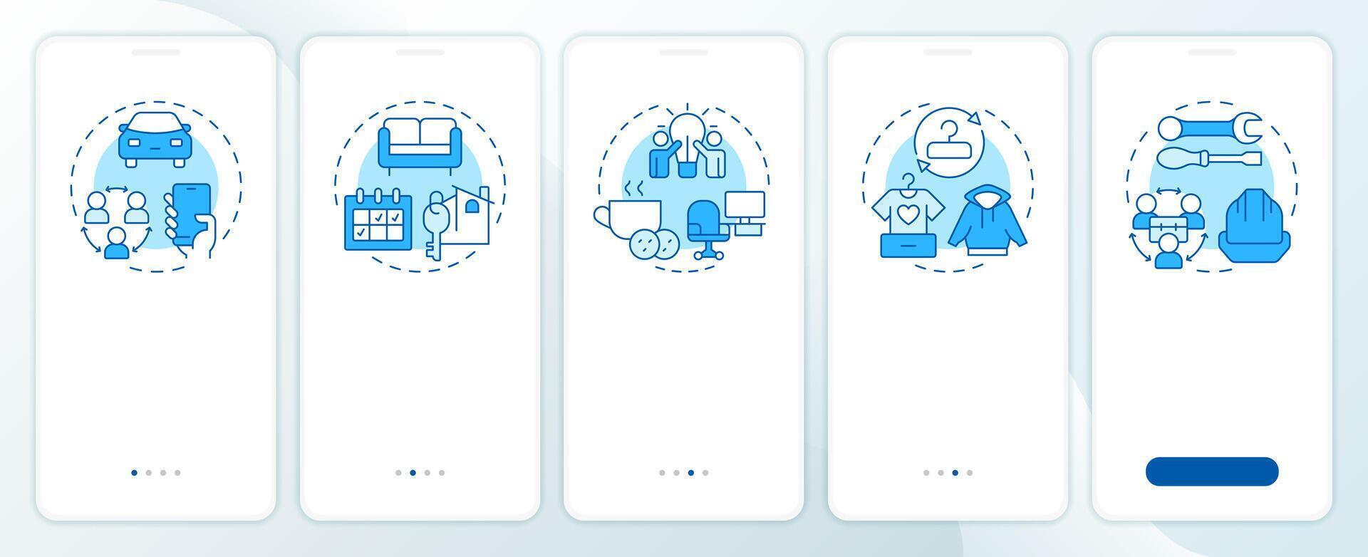 Sharing economy models blue onboarding mobile app screen. Walkthrough 5 steps editable graphic instructions with linear concepts. UI, UX, GUI template vector