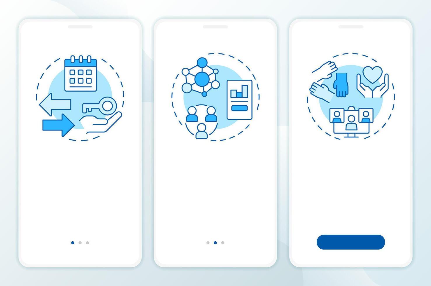 Sharing economy core elements blue onboarding mobile app screen. Walkthrough 3 steps editable graphic instructions with linear concepts. UI, UX, GUI template vector