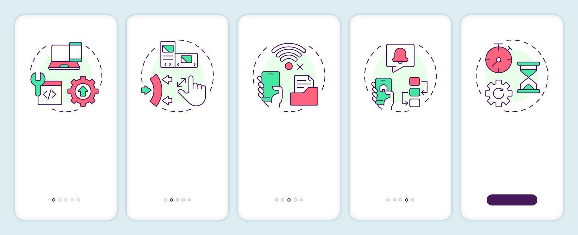Features of PWAs onboarding mobile app screen. Web services. Walkthrough 5 steps editable graphic instructions with linear concepts. UI, UX, GUI template vector