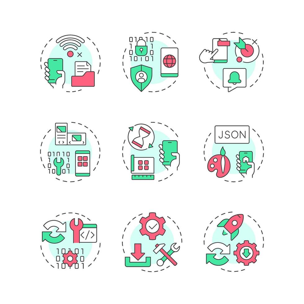 Progressive web app multi color concept icons. Platform based development of PWA. Software and technology. Icon pack. Round shape illustrations for brochure. Abstract idea vector