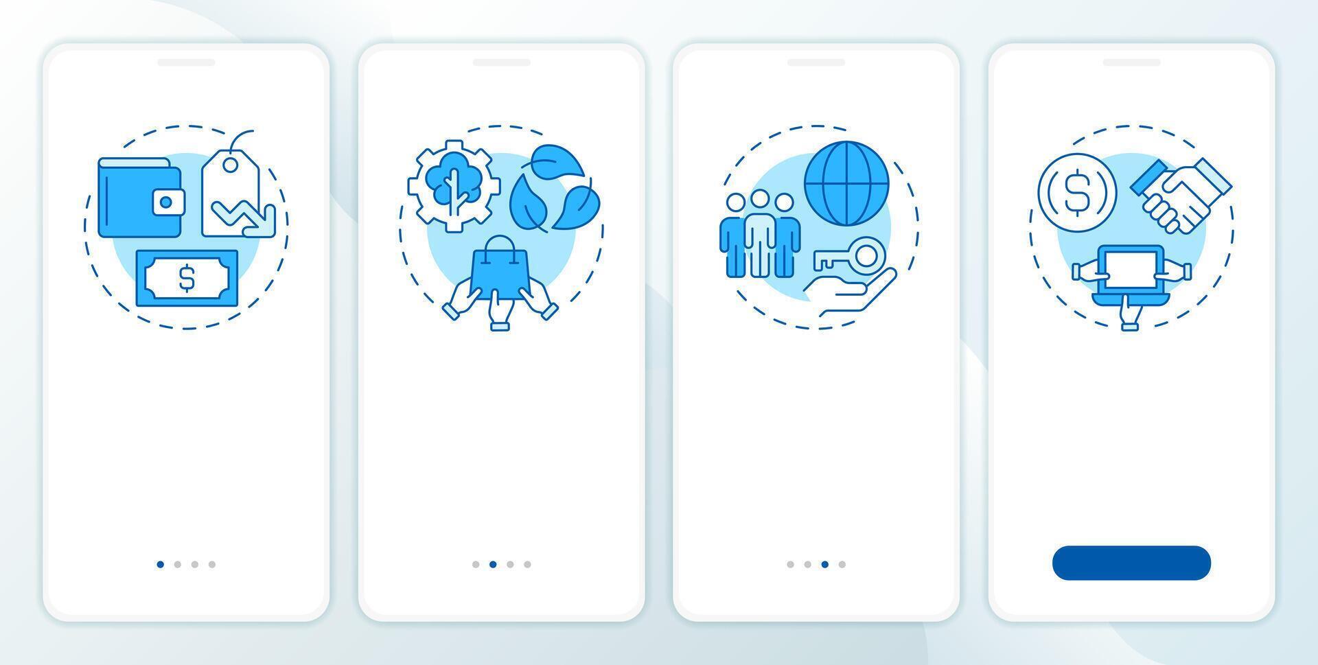 Benefits of sharing economy blue onboarding mobile app screen. Walkthrough 4 steps editable graphic instructions with linear concepts. UI, UX, GUI template vector