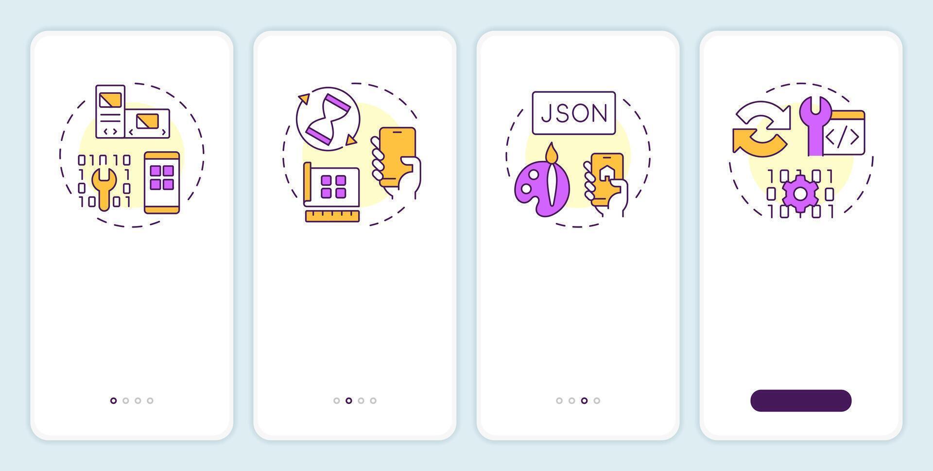 componentes de pwas inducción móvil aplicación pantalla. desarrollo. recorrido 4 4 pasos editable gráfico instrucciones con lineal conceptos. ui, ux, gui modelo vector