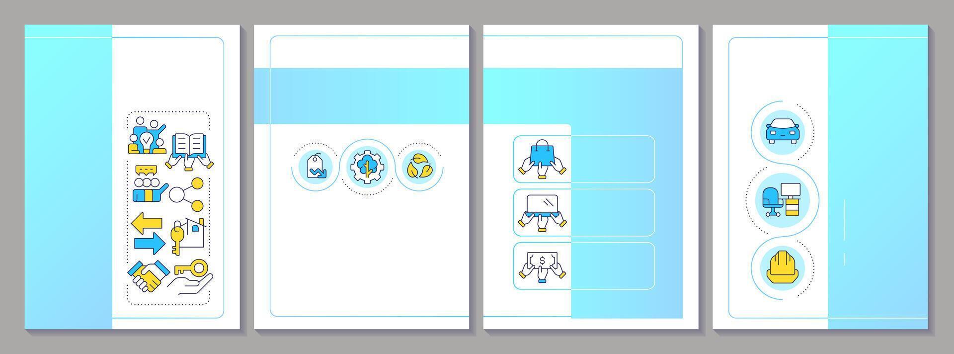 Sharing economy blue brochure template. Production and consumption goods exchange. Collaboration. Leaflet design with linear icons. Editable 4 layouts vector