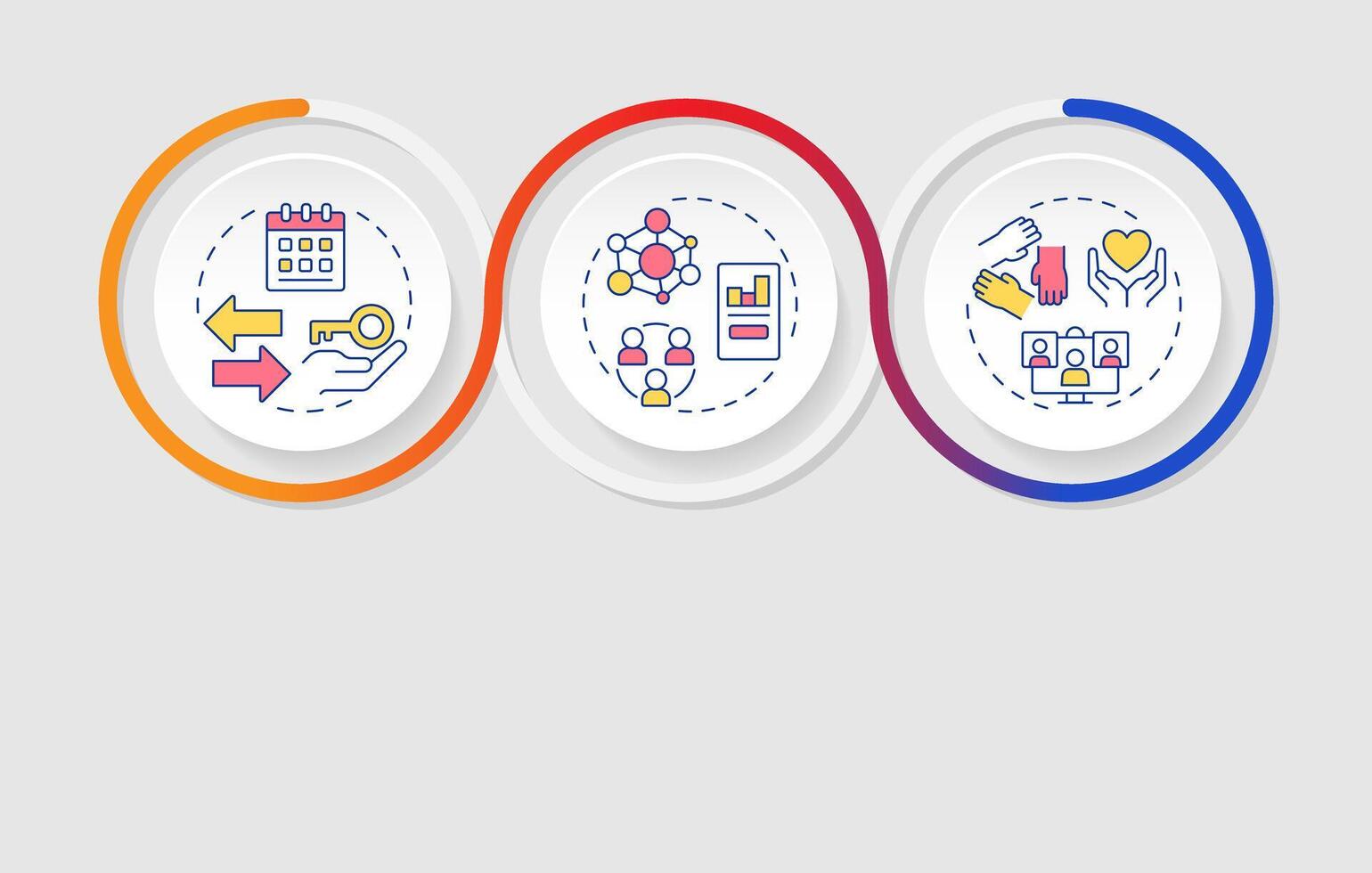 Core elements of sharing economy infographics circles sequence. Collaborative social system. Visualization layout with 3 steps. Info chart loop process presentation vector