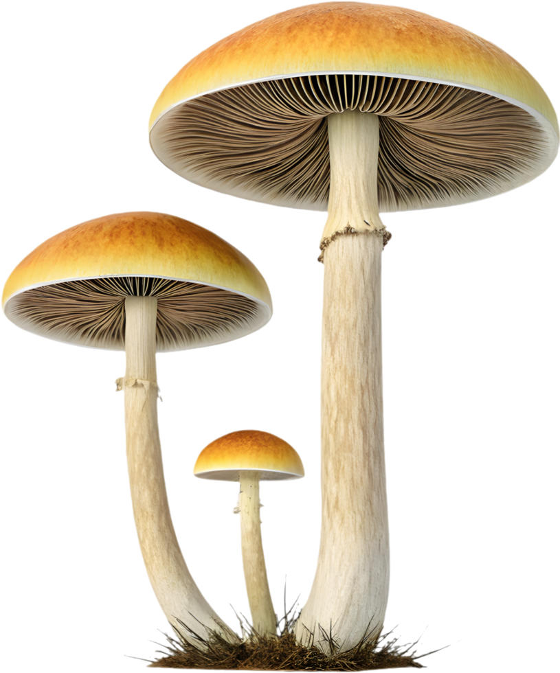 Artistic illustration of wild mushrooms with detailed textures. . png
