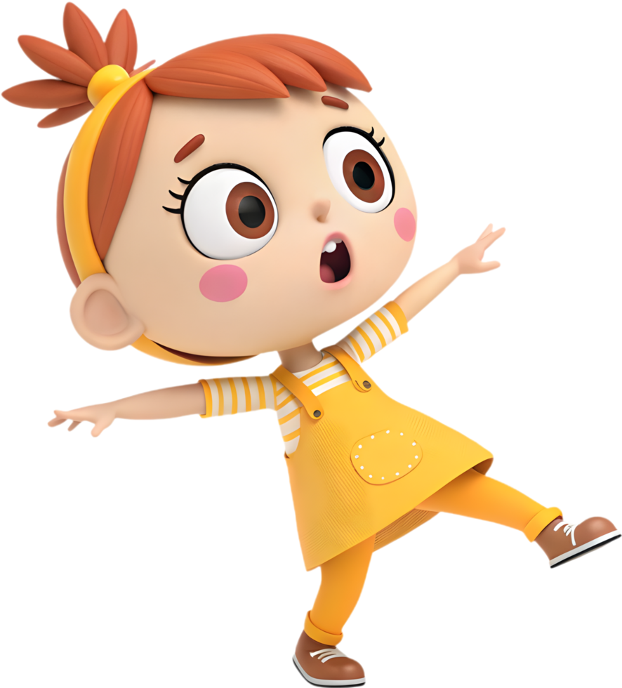 Expressive Cute Cartoon Girl with a Joyful Dance Pose. . png