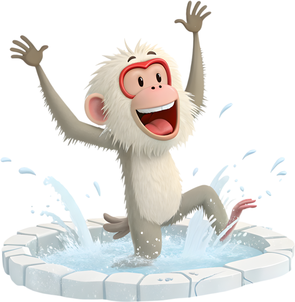 Detailed Clipart of Snow Monkey Bathing in Hot Spring. . png