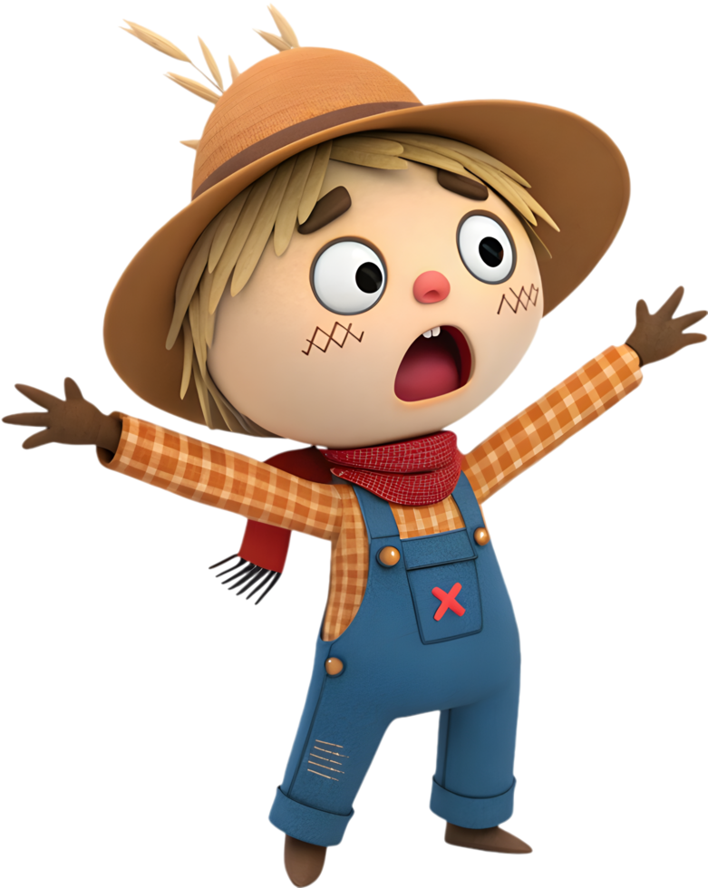 Cute and Funny Cartoon Scarecrow with Unique Pose. . png