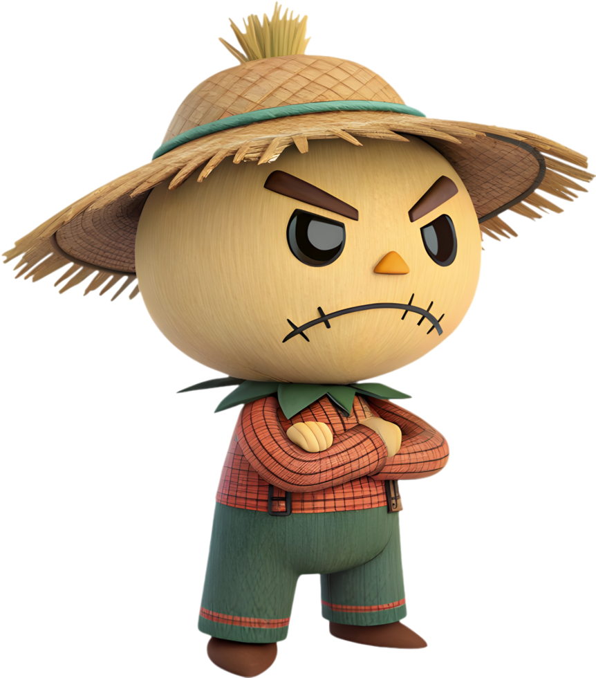 Smiling Scarecrow Cartoon with Cute Pumpkin Hat. . png