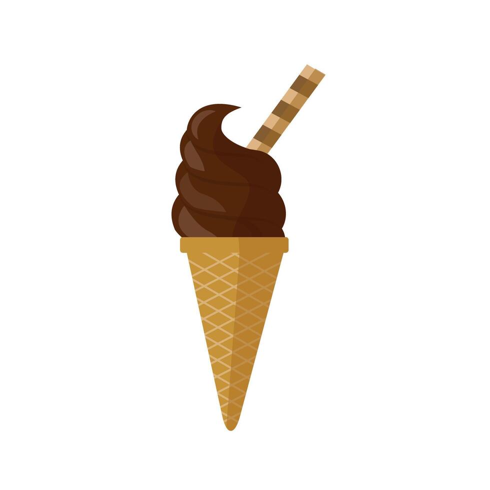 Delicious chocolate flavor ice cream in a wafer cone, isolated vector