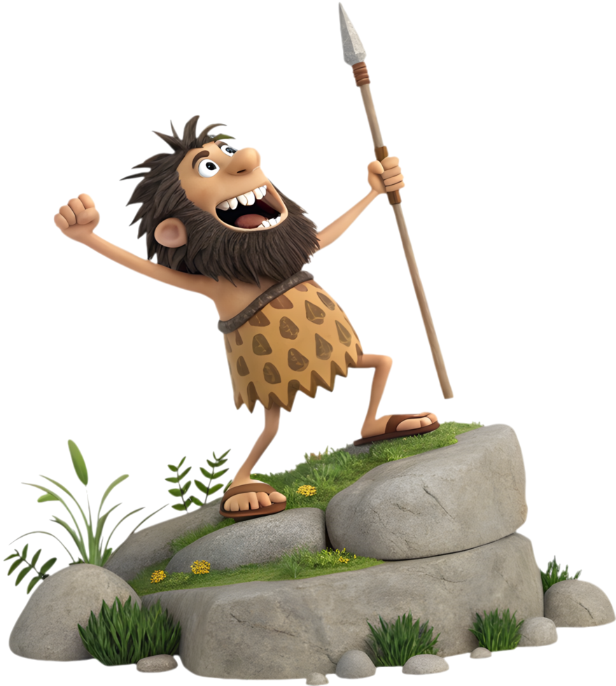 Bearded Caveman Roaring While Holding Weapon. . png
