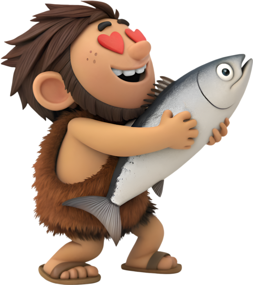 Bearded Neanderthal Holding fish In Hand. . png