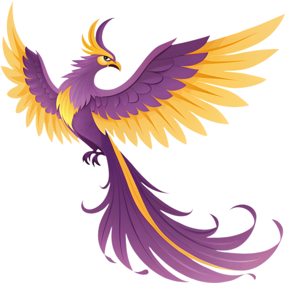 Colorful Phoenix character flying through fiery skies. . png