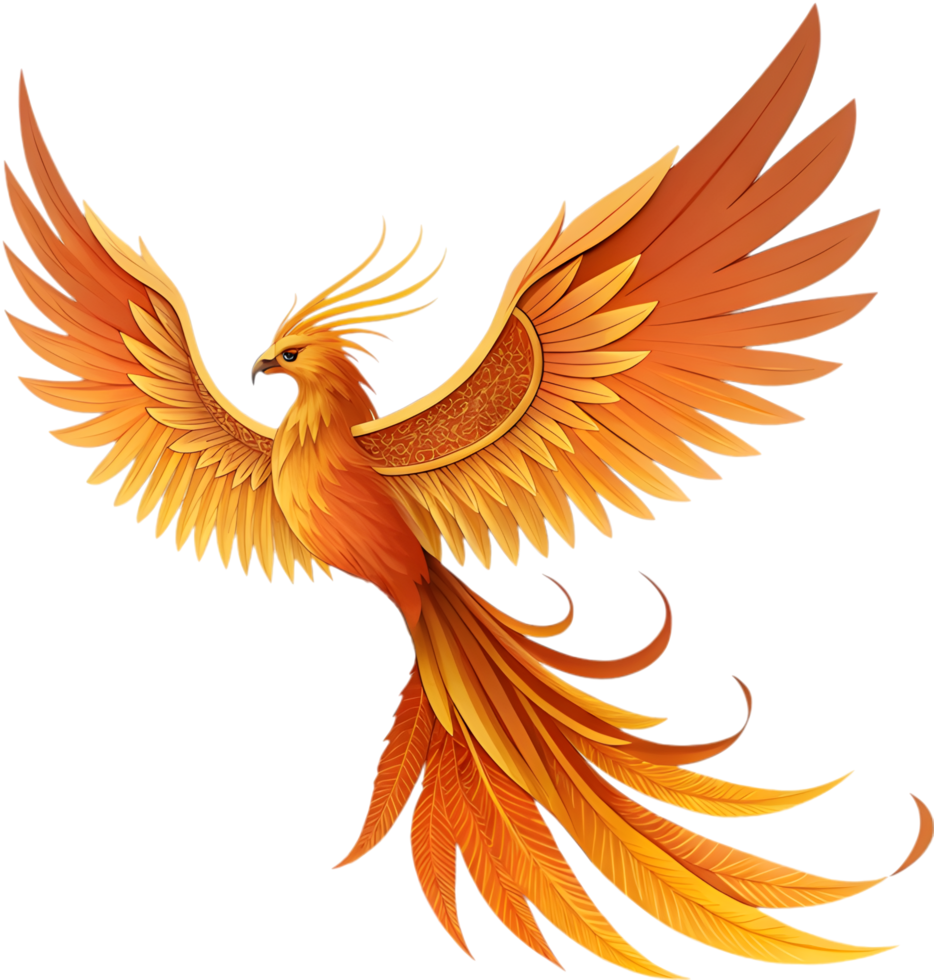 Cartoon Phoenix soaring with flames and bright wings. . png