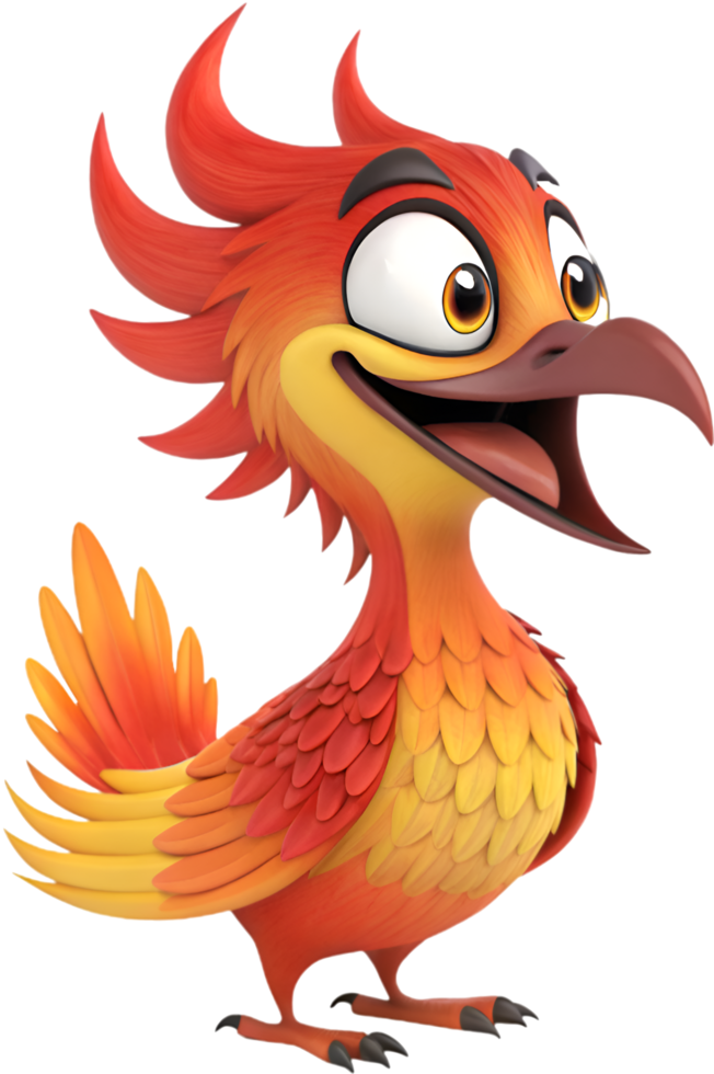 Phoenix cartoon character with fiery wings in vibrant colors. . png
