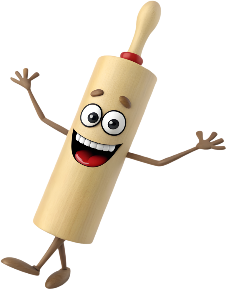 Smiling Rolling Pin Cartoon Art for Fun Cooking Projects. . png