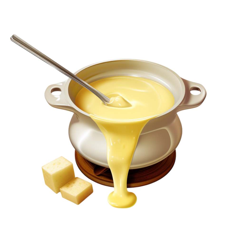 Creamy melted cheese in a small pot a spoon inside png
