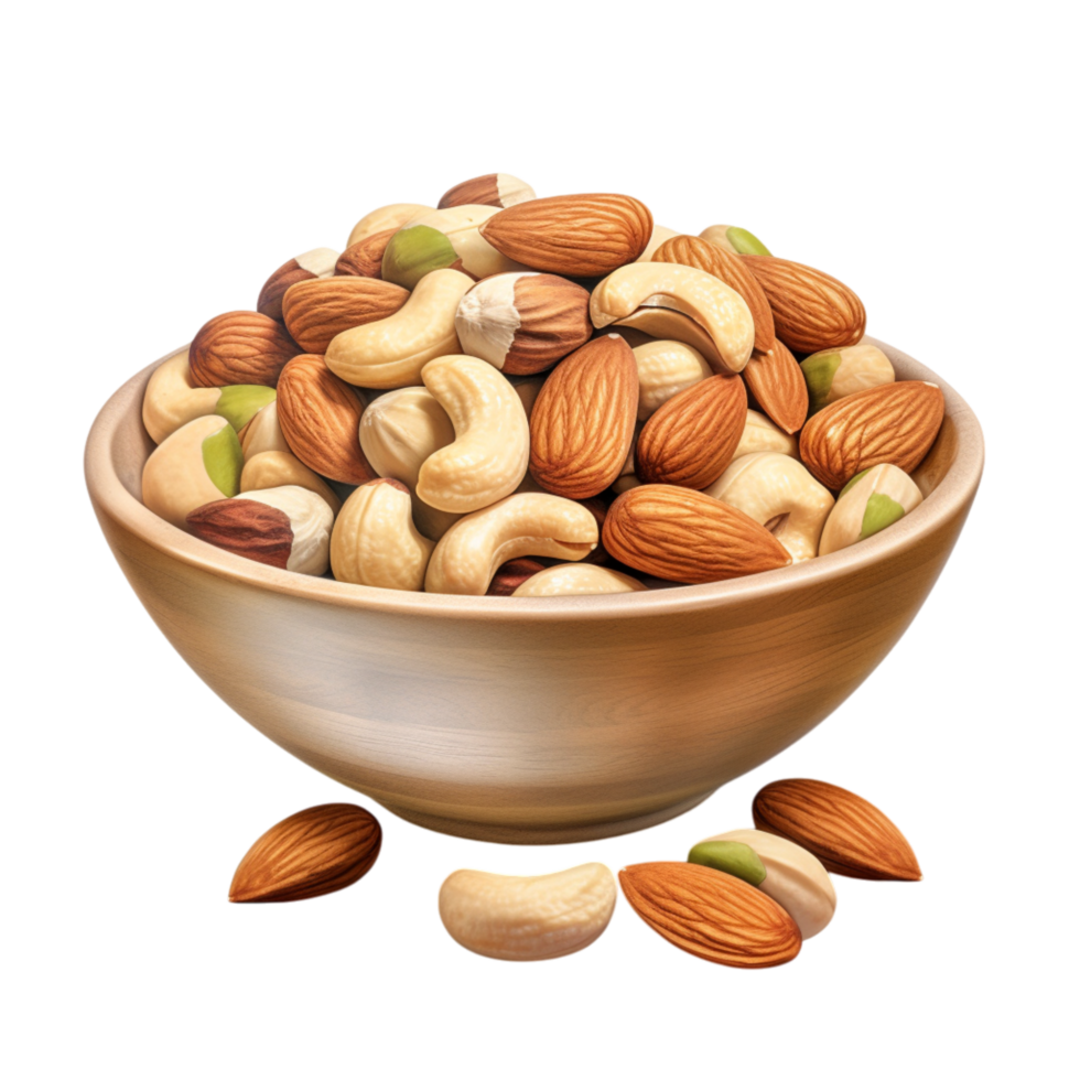 Wooden bowl filled a mix of healthy crunchy nuts png