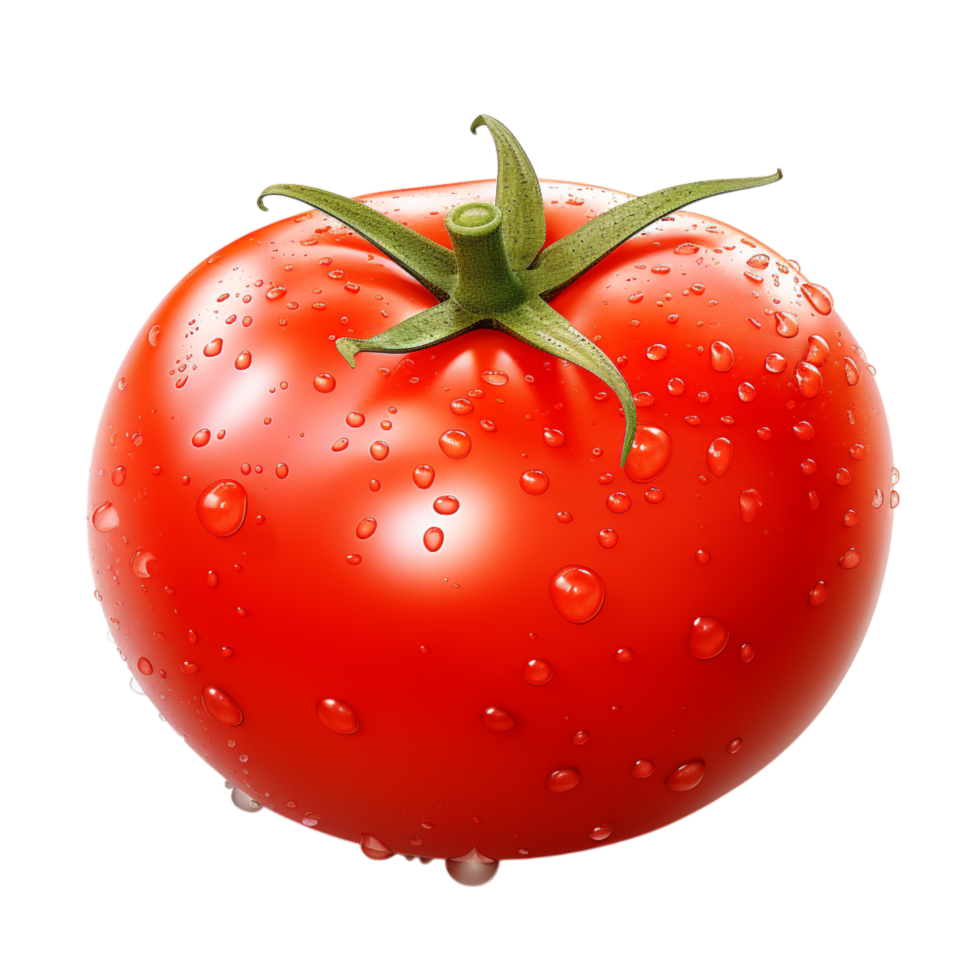 Bright red tomato covered in tiny water droplets a green stem png