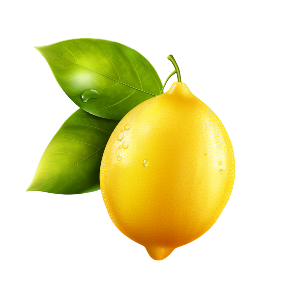 Fresh yellow lemon a green leaf attached png