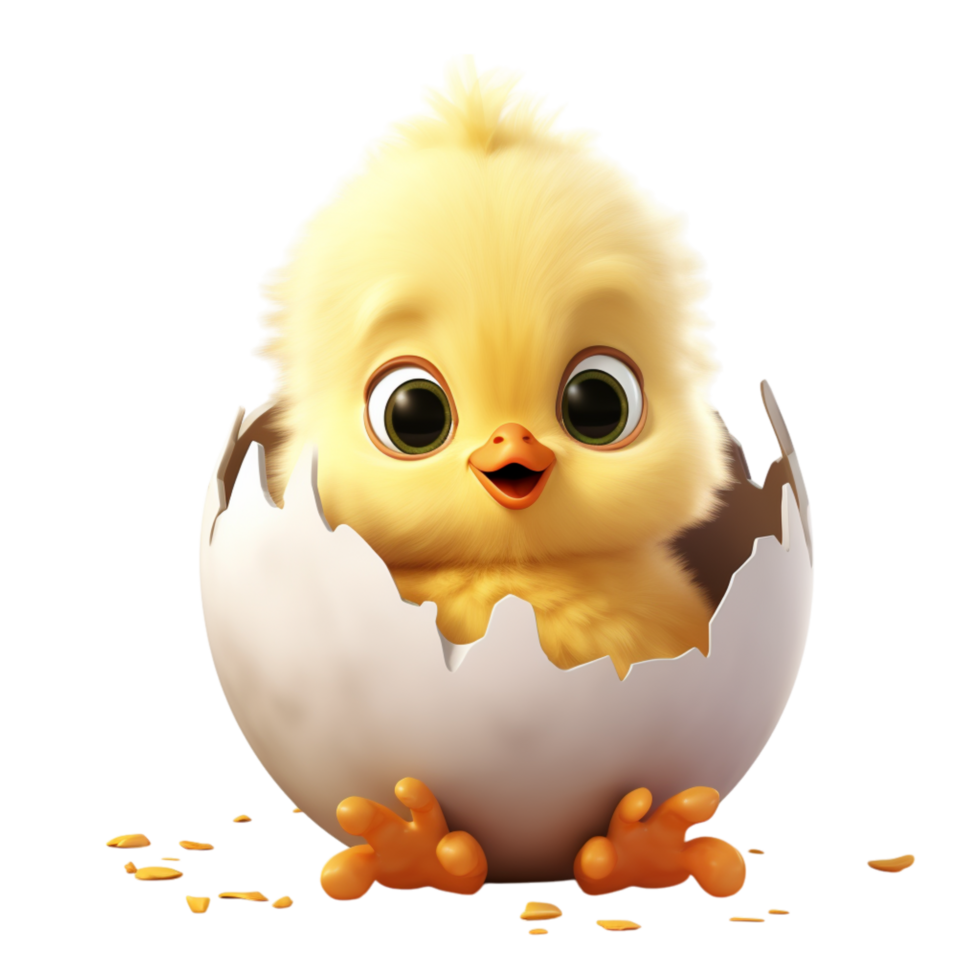 Cute fluffy yellow chick hatching from a cracked eggshell png
