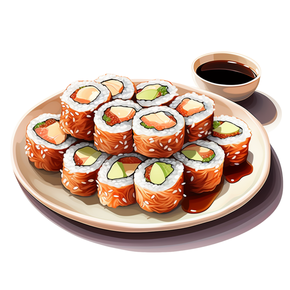 Plate of sushi rolls served soy sauce png