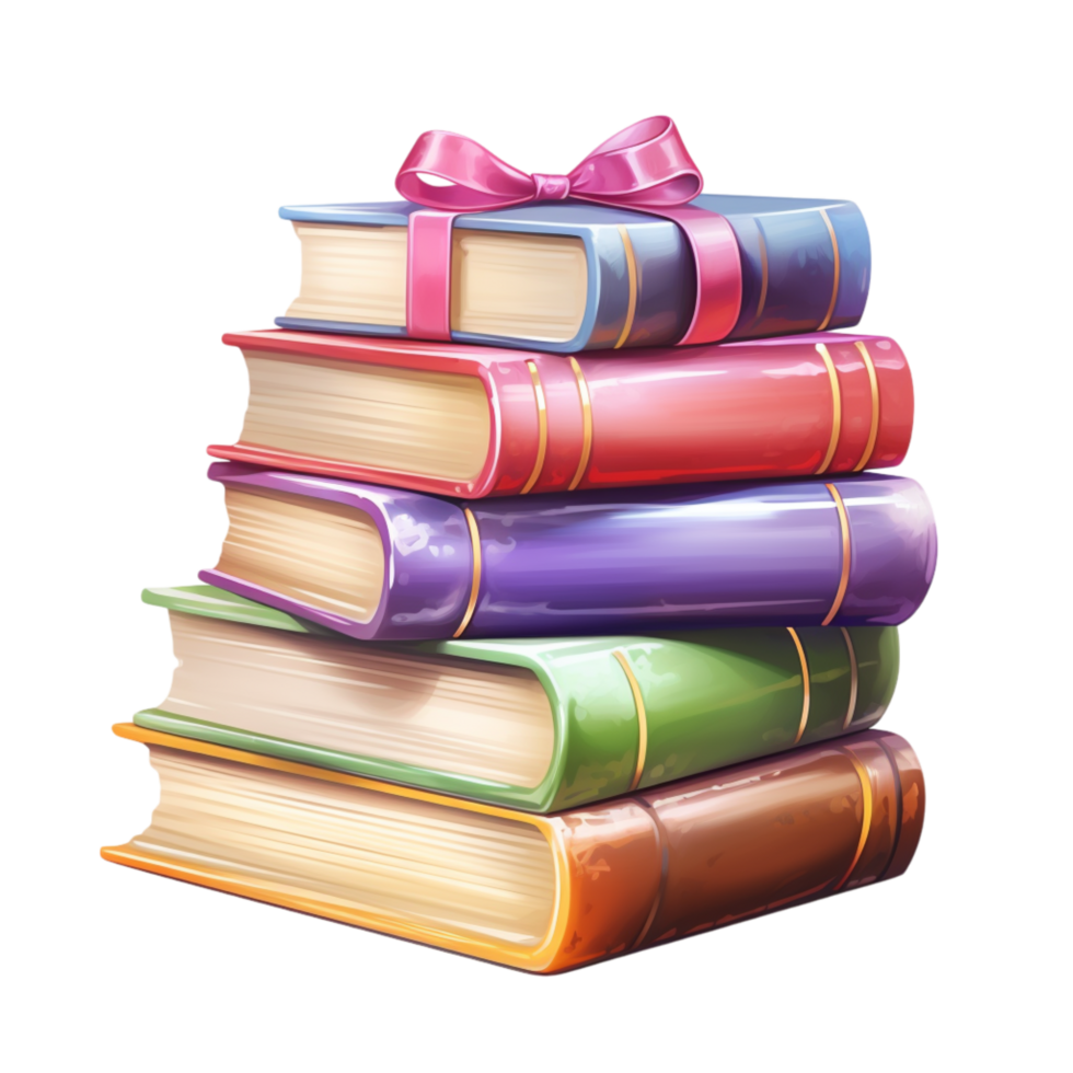 Neatly stacked pile of colorful hardcover books tied a ribbon png