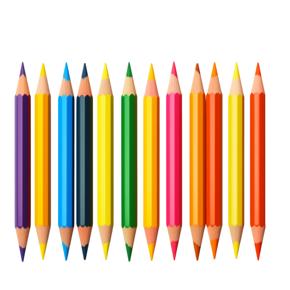 Set of colorful sharpened pencils arranged in a row png