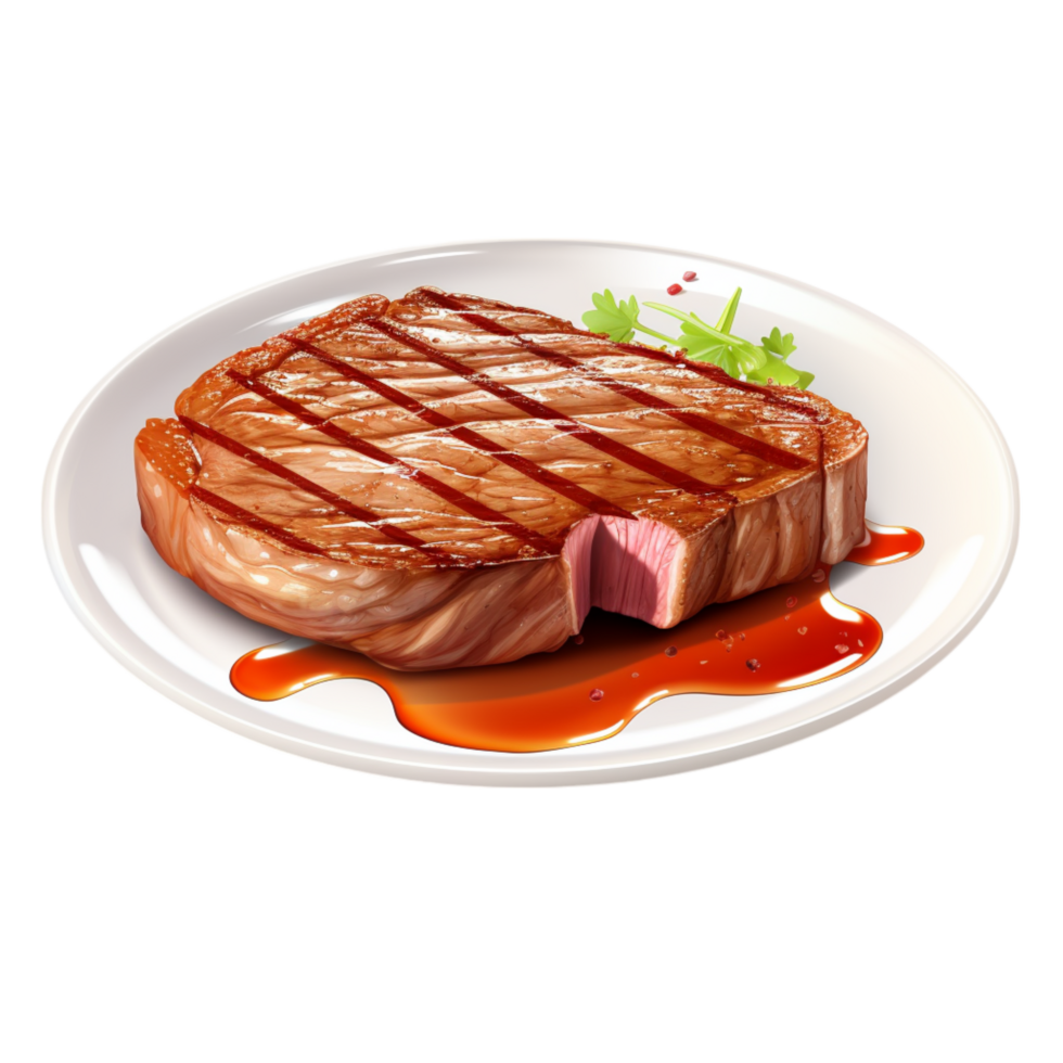 Juicy grilled steak on a plate rich sauce png