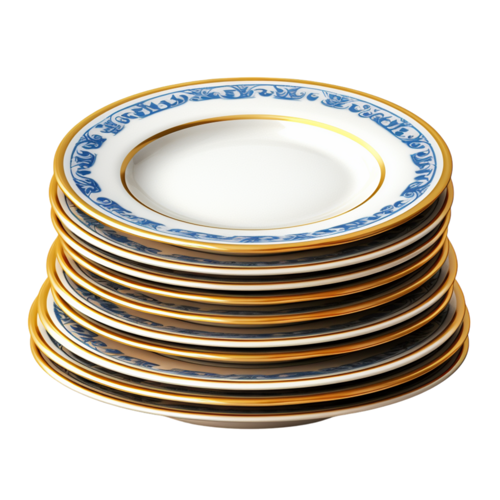 Neatly stacked ceramic plates a blue gold rim png