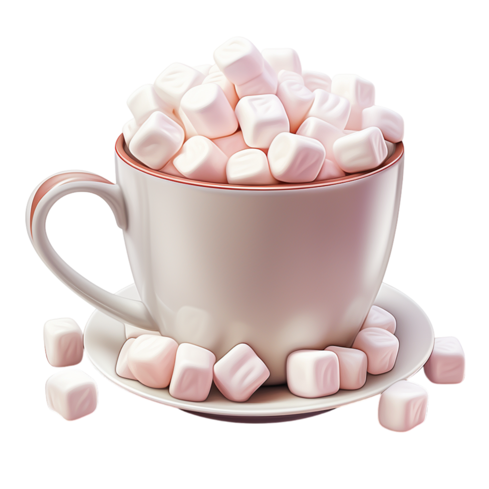 Hot cup of cocoa topped fluffy white marshmallows a saucer png