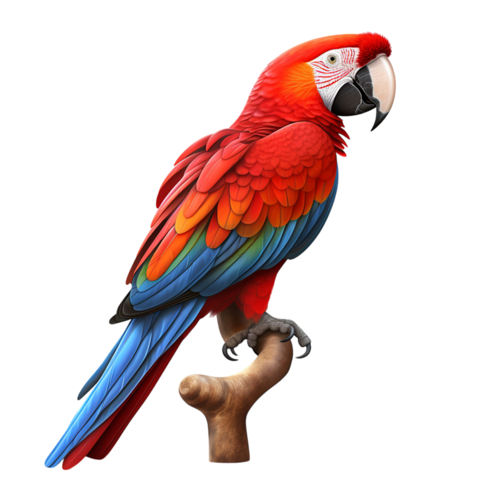 Vibrant red parrot perched on a wooden branch looking alert png