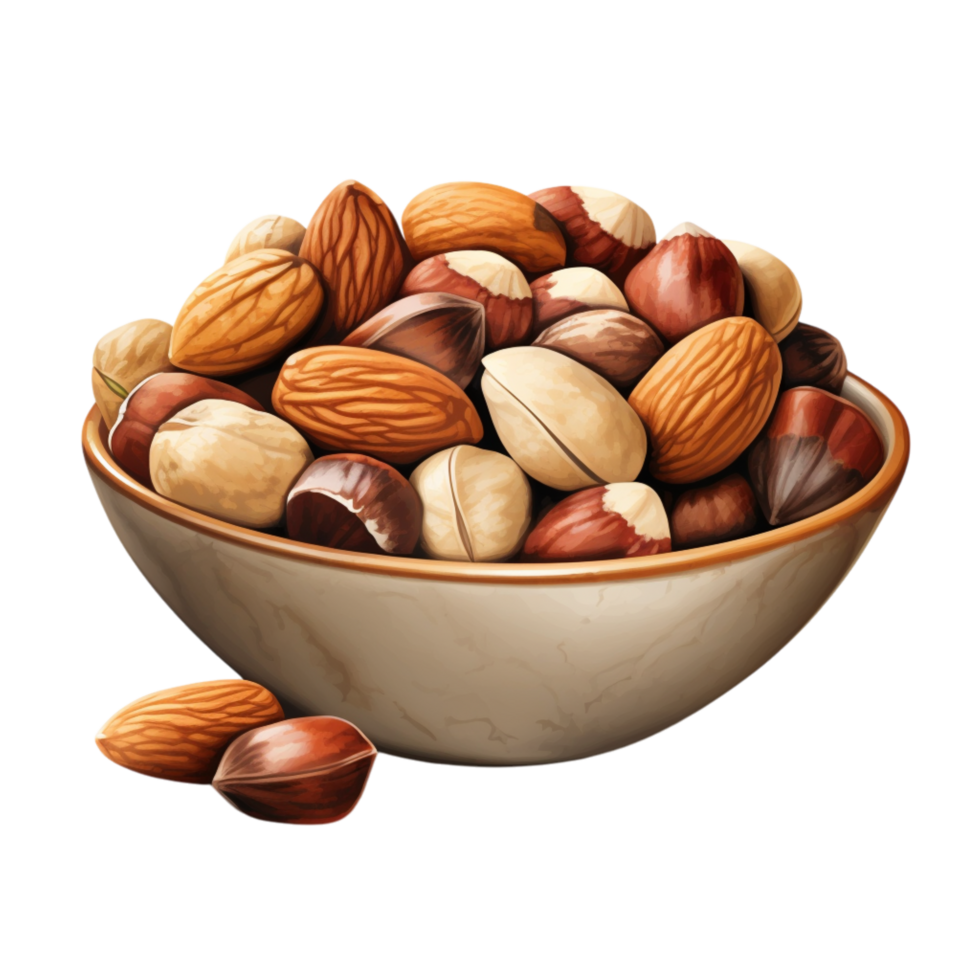Wooden bowl filled a mix of crunchy assorted nuts png