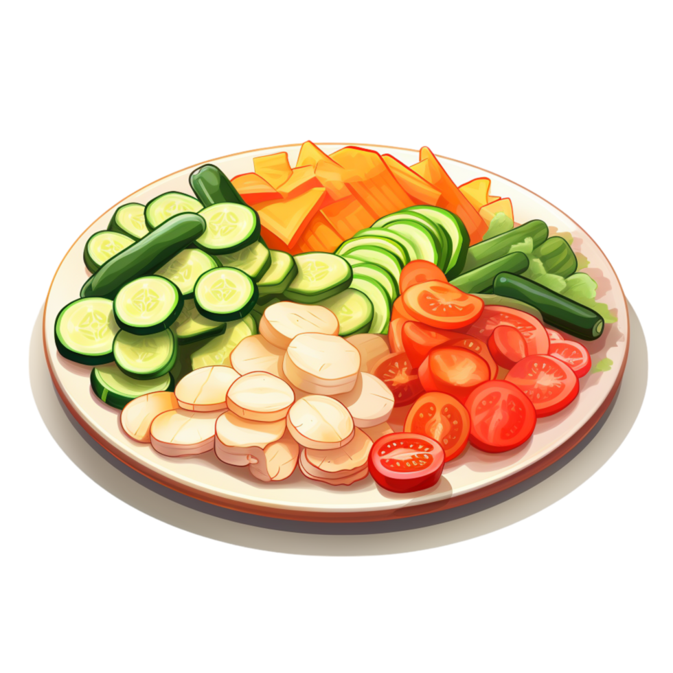 Healthy vegetable salad sliced cucumbers tomatoes carrots on a plate png