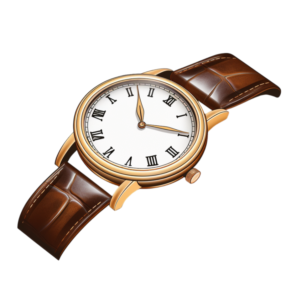 Classic wristwatch a gold rim Roman numerals a leather strap png