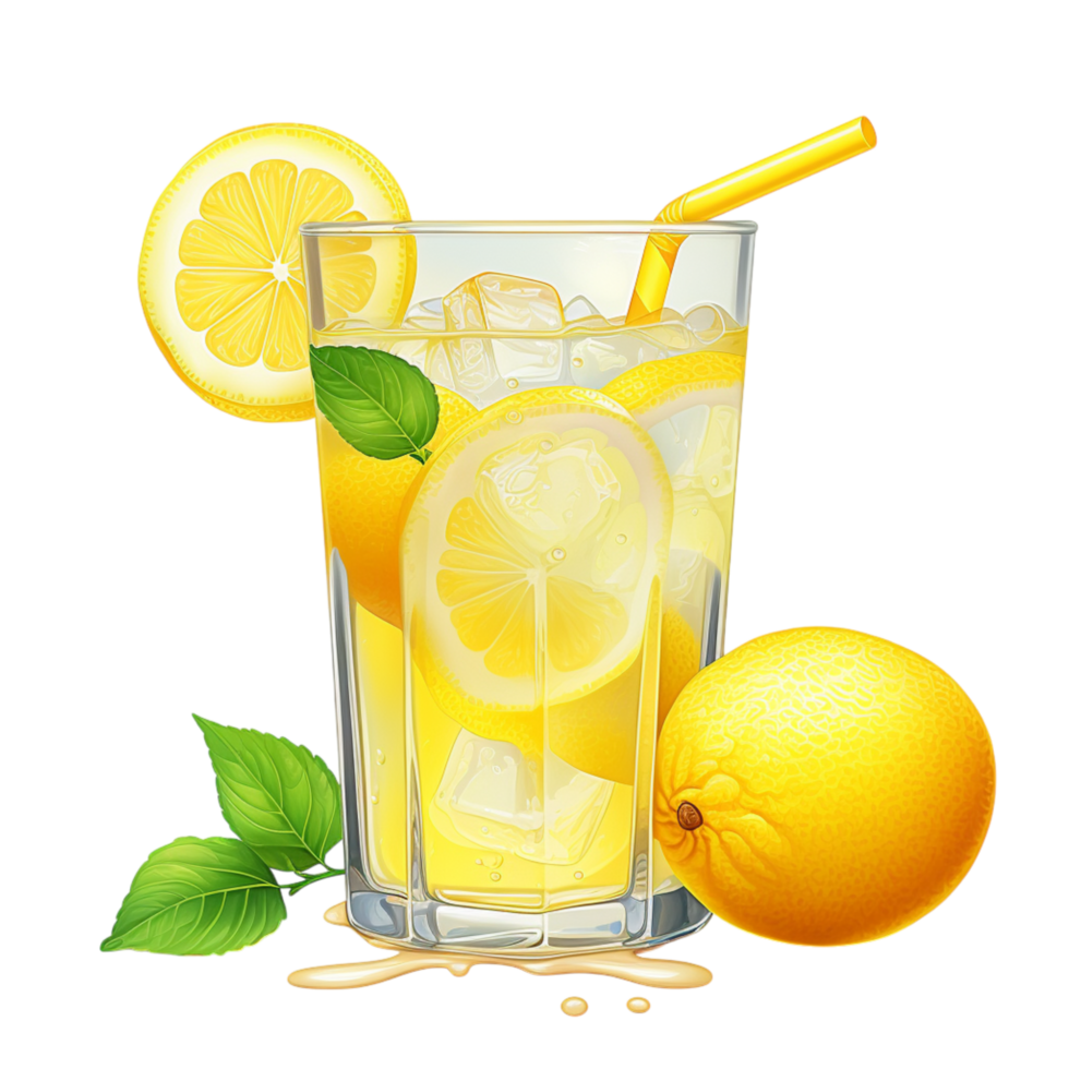 Refreshing glass of lemonade fresh lemon slices a straw png