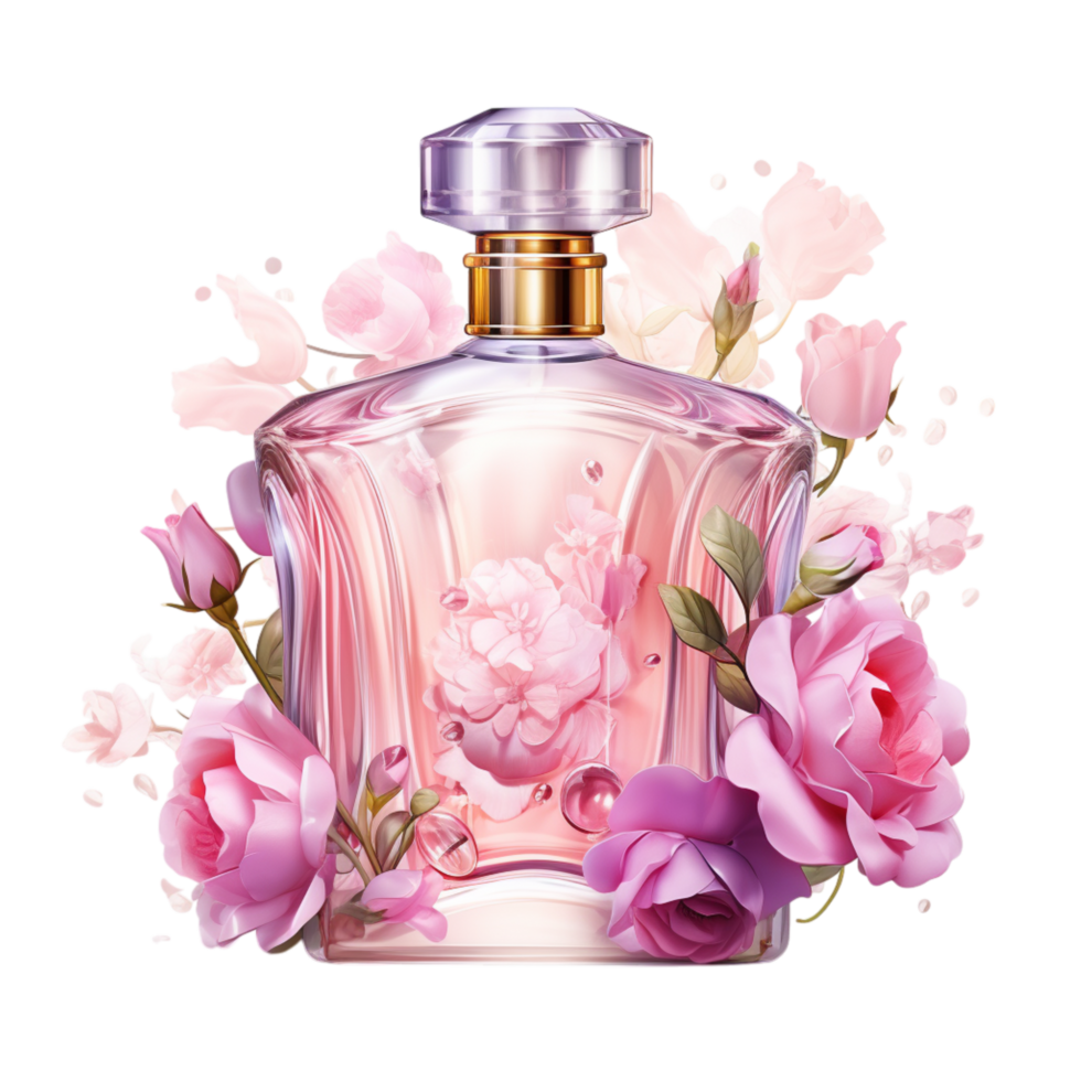 Elegant pink perfume bottle surrounded by delicate blooming flowers png