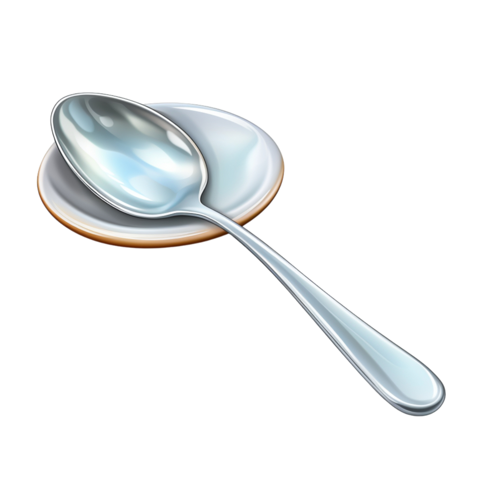 Shiny silver spoon resting on a small round wooden coaster png