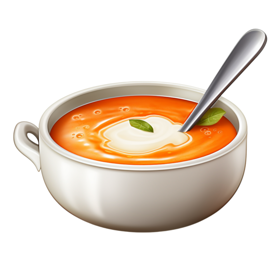 Bowl of creamy orange soup a silver spoon a touch of garnish png