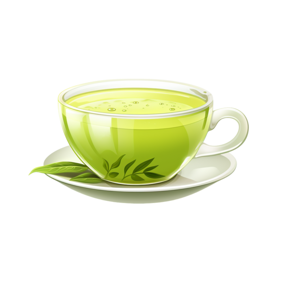 Steaming cup of green tea in a glass teacup a delicate leaf placed beside it png