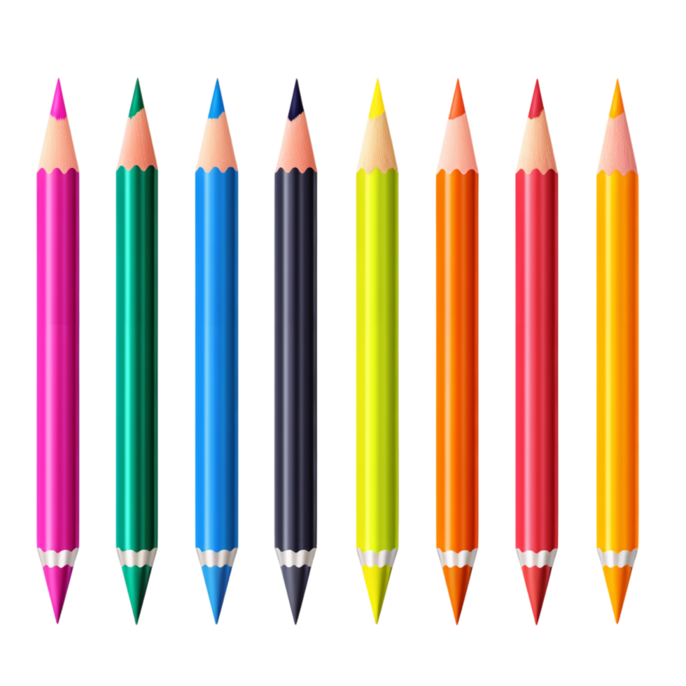 Neatly arranged colored pencils in vibrant shades sting upright sharpened tips png