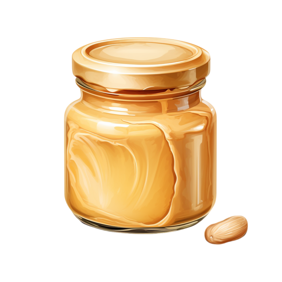 Glass jar filled creamy peanut butter a single peanut placed beside it png