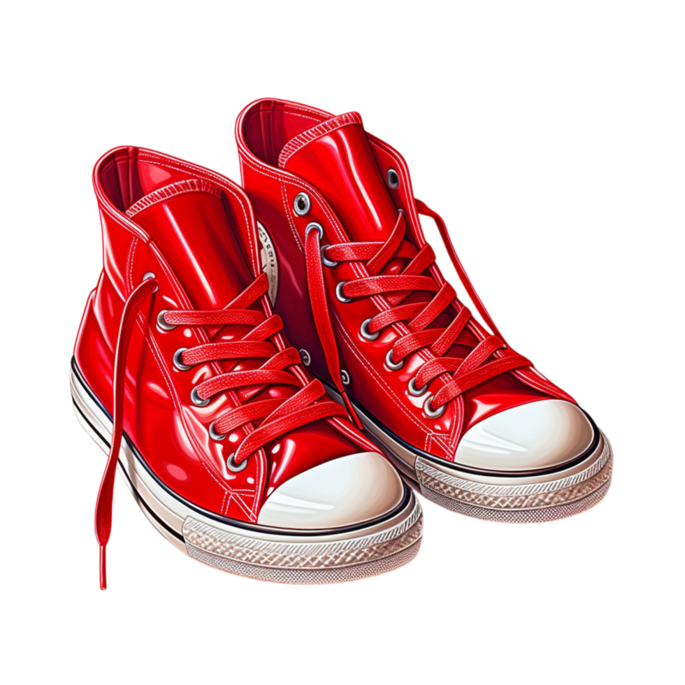 Trendy red high top sneakers white laces thick rubber soles png