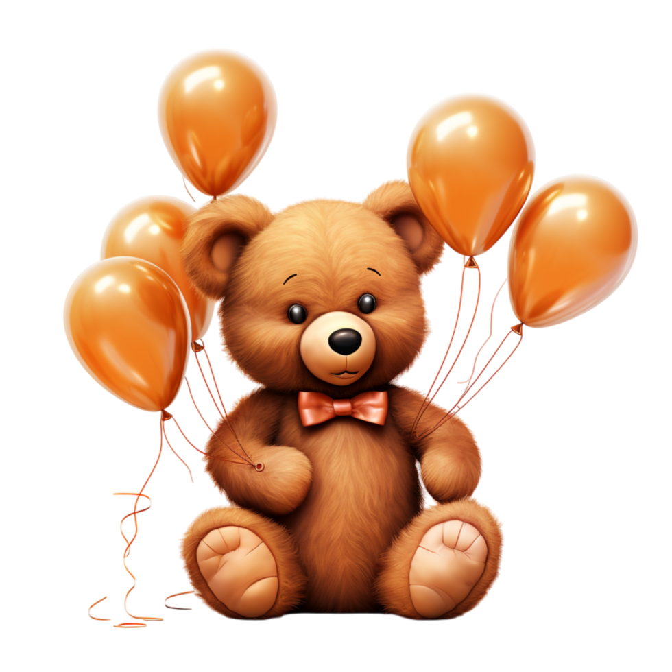Adorable teddy bear holding a bunch of floating orange balloons png