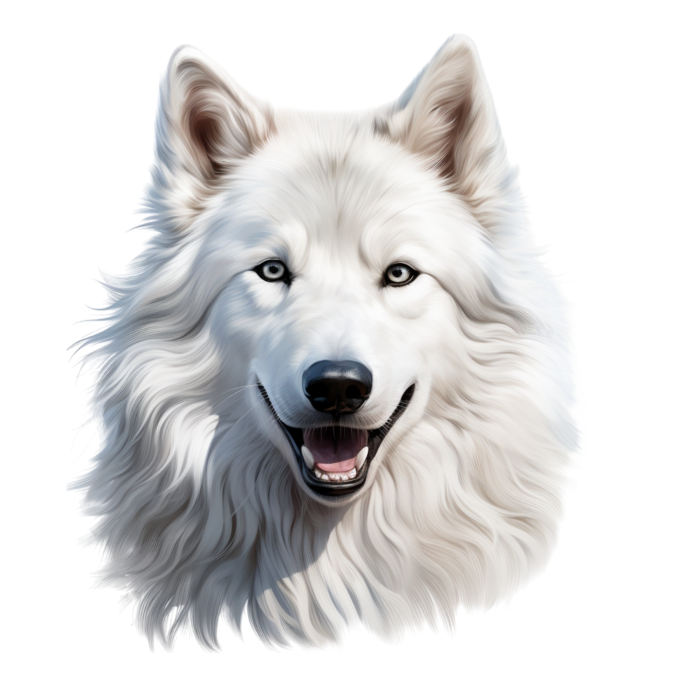 Friendly white wolf piercing blue eyes a joyful expression png