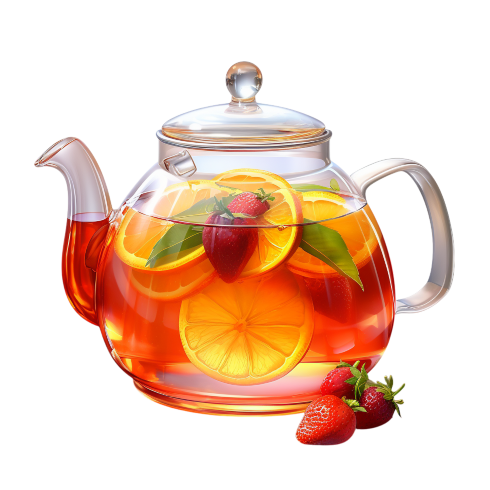 Glass teapot filled fruit infused tea floating citrus slices png