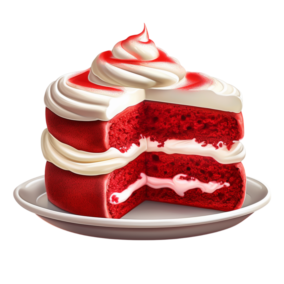 Red velvet cake slice white cream layers a strawberry on top served on a plate png