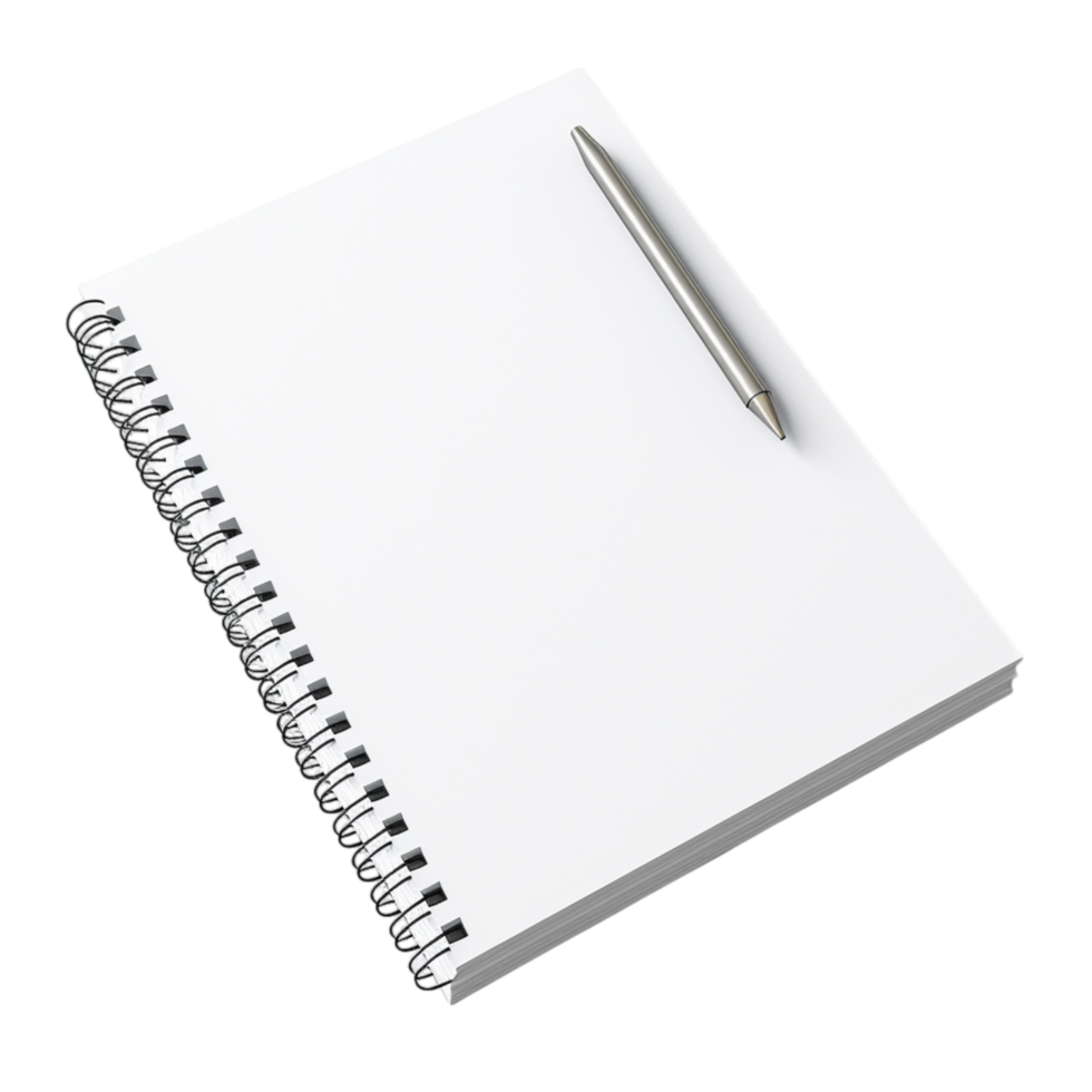 Blank spiral notebook a silver pen placed on top ready for writing or drawing png