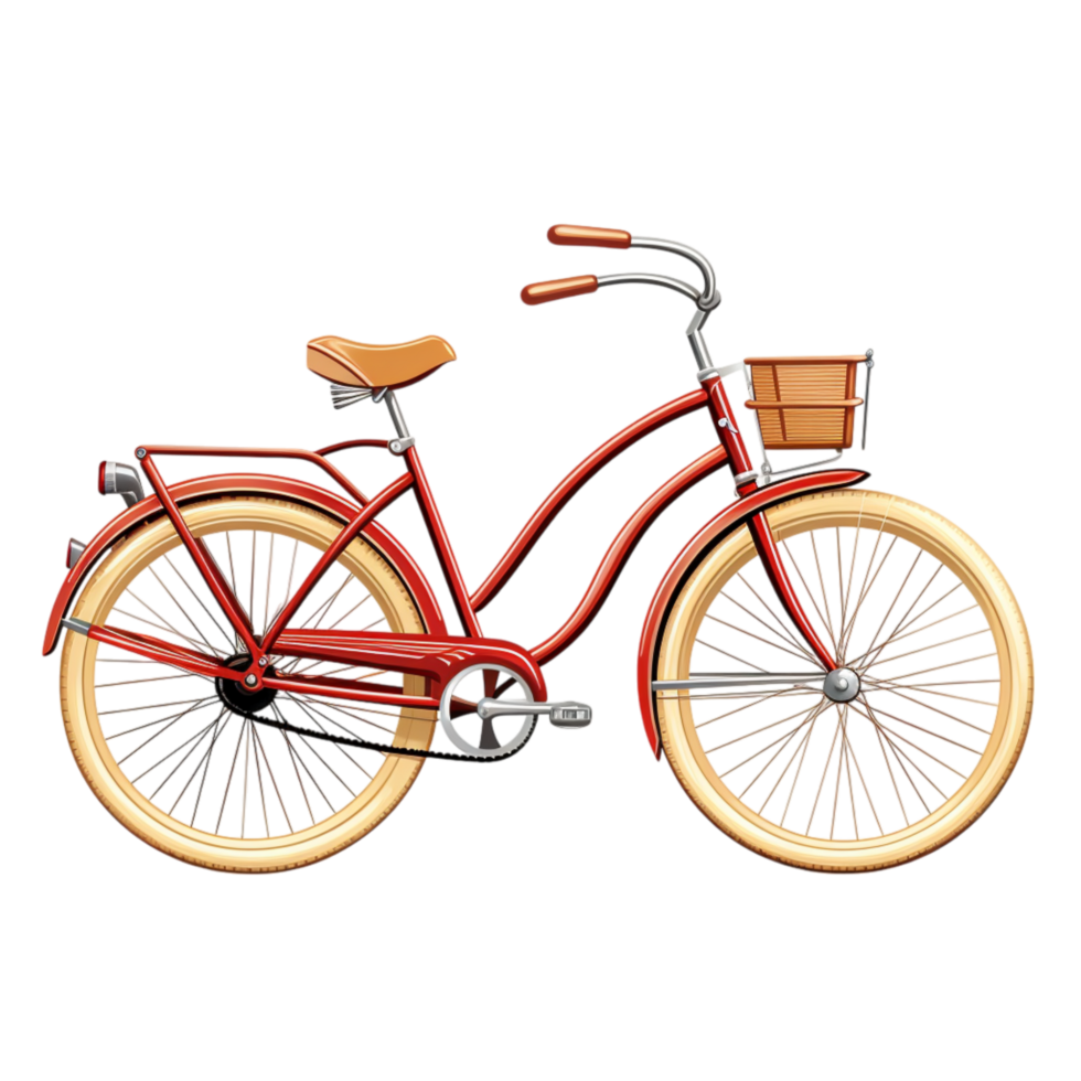 Classic red bicycle a brown leather seat a small front basket parked upright png