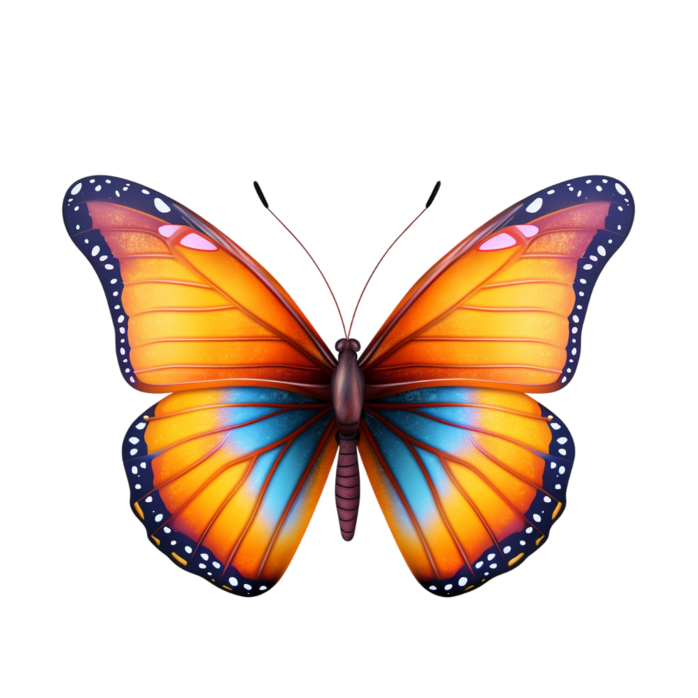 Vibrant butterfly orange blue patterned wings spread open in a symmetrical pose png